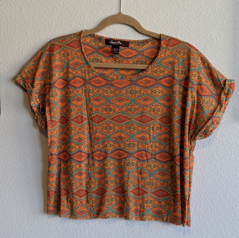Sweet Pea orange and teal patterned tee